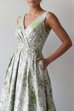 Light Green A Line V-Neck Maxi Floral Formal Dress with Pockets