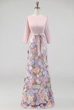 Blush Appliqued Mermaid Maxi Floral 3/4 Sleeves Formal Dress with Pockets