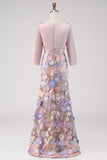 Blush Appliqued Mermaid Maxi Floral 3/4 Sleeves Formal Dress with Pockets