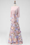 Blush Appliqued Mermaid Maxi Floral 3/4 Sleeves Formal Dress with Pockets