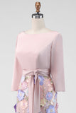 Blush Appliqued Mermaid Maxi Floral 3/4 Sleeves Formal Dress with Pockets