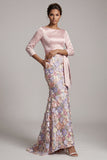 Blush Appliqued Mermaid Maxi Floral 3/4 Sleeves Formal Dress with Pockets
