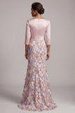 Blush Appliqued Mermaid Maxi Floral 3/4 Sleeves Formal Dress with Pockets