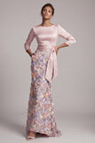 Blush Appliqued Mermaid Maxi Floral 3/4 Sleeves Formal Dress with Pockets