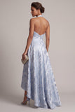 Sky Blue Floral High Low A Line Backless Wedding Guest Dress
