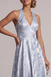 Sky Blue Floral High Low A Line Backless Wedding Guest Dress