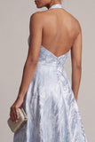 Sky Blue Floral High Low A Line Backless Wedding Guest Dress