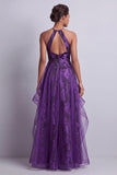 Dark Purple Halter Maxi Floral A Line Formal Dress with Ruffles