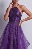 Dark Purple Halter Maxi Floral A Line Formal Dress with Ruffles