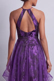 Dark Purple Halter Maxi Floral A Line Formal Dress with Ruffles