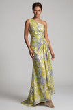 Yellow Mermaid Maxi Floral Ruched Formal Dress with Drape