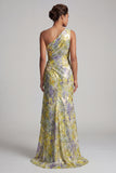 Yellow Mermaid Maxi Floral Ruched Formal Dress with Drape