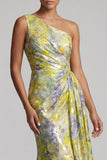 Yellow Mermaid Maxi Floral Ruched Formal Dress with Drape