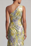 Yellow Mermaid Maxi Floral Ruched Formal Dress with Drape