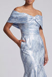 Sky Blue Mermaid Maxi Floral Off the Shoulder Formal Dress with Pockets