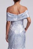 Sky Blue Mermaid Maxi Floral Off the Shoulder Formal Dress with Pockets