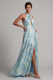 Light Green Halter Keyhole Floral Maxi A Line Wedding Guest Dress with Slit