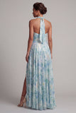 Light Green Halter Keyhole Floral Maxi A Line Wedding Guest Dress with Slit