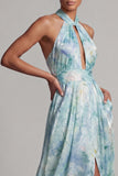 Light Green Halter Keyhole Floral Maxi A Line Wedding Guest Dress with Slit