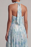 Light Green Halter Keyhole Floral Maxi A Line Wedding Guest Dress with Slit