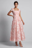 Blush Beaded Square Neck Maxi A Line Wedding Guest Dress with Sleeves