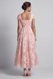 Blush Beaded Square Neck Maxi A Line Wedding Guest Dress with Sleeves
