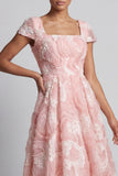 Blush Beaded Square Neck Maxi A Line Wedding Guest Dress with Sleeves