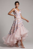 Blush Floral Appliqued Ruffled A Line High Low Wedding Guest Dress
