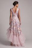 Blush Floral Appliqued Ruffled A Line High Low Wedding Guest Dress