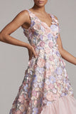 Blush Floral Appliqued Ruffled A Line High Low Wedding Guest Dress