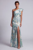 Light Green Floral Ruffled Mermaid Maxi Wedding Guest Dress with Slit