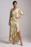 Yellow Floral Ruffled Asymmetrical Wedding Guest Dress with Sleeves