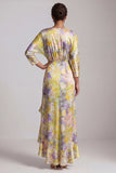 Yellow Floral Ruffled Asymmetrical Wedding Guest Dress with Sleeves