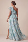 Light Green Floral One Shoulder Ruffled Maxi Wedding Guest Dress with Slit