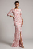 Blush Beaded Mermaid Maxi Floral Formal Dress with Sleeves