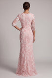 Blush Beaded Mermaid Maxi Floral Formal Dress with Sleeves