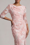 Blush Beaded Mermaid Maxi Floral Formal Dress with Sleeves