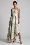 Light Green Floral One Shoulder Asymmetical A Line Wedding Guest Dress