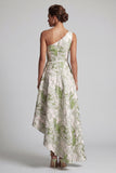 Light Green Floral One Shoulder Asymmetical A Line Wedding Guest Dress