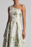 Light Green Floral One Shoulder Asymmetical A Line Wedding Guest Dress