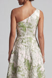 Light Green Floral One Shoulder Asymmetical A Line Wedding Guest Dress