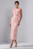 Blush Sheath Midi Beaded Boat Neck Wedding Guest Dress