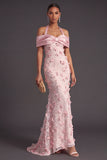 Pink Floral Mermaid Appliqued Long Formal Dress with Satin