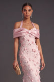 Pink Floral Mermaid Appliqued Long Formal Dress with Satin