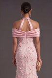Pink Floral Mermaid Appliqued Long Formal Dress with Satin