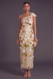 Sparkly Sequined Champagne Floral Sheath Long Formal Dress with Bow