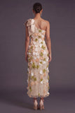 Sparkly Sequined Champagne Floral Sheath Long Formal Dress with Bow
