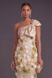 Sparkly Sequined Champagne Floral Sheath Long Formal Dress with Bow