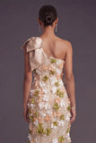 Sparkly Sequined Champagne Floral Sheath Long Formal Dress with Bow