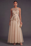 A Line Champagne Floral Illusion Neck Long Formal Dress